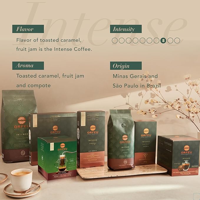 ORFEU - Special Coffee Intense - Drip Sachet - 100% Arabica Coffee, Dark Roast, Aroma of Toasted Caramel & Fruit Jam, Low Acidity, Made In Brazil, Velvety Body - 10 Units, 100g
