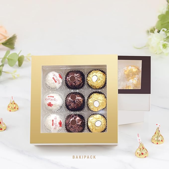 BAKIPACK 12 Truffle Boxes, Chocolates Box, Gold Truffle Gift Packaging with 9-Piece Plastics Tray