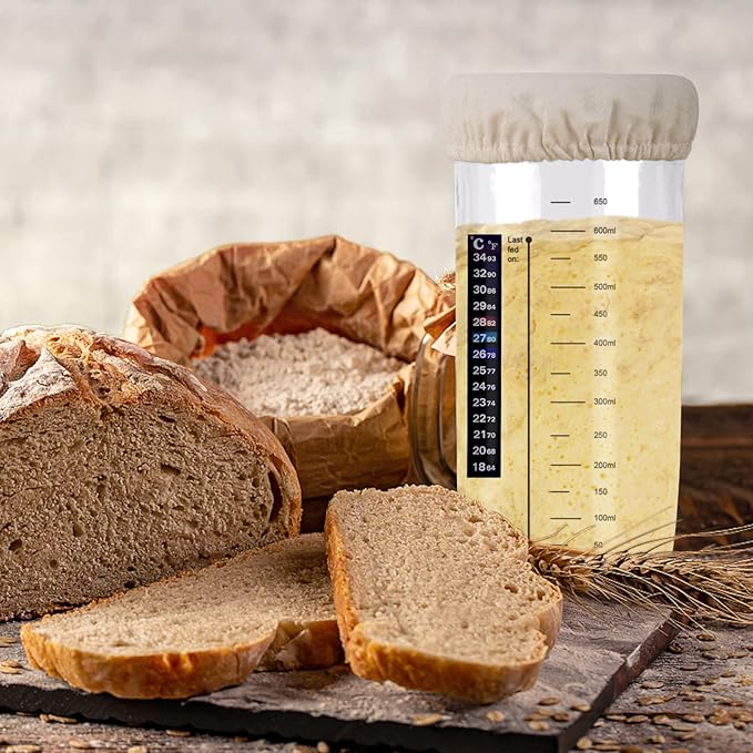 Sourdough Starter Jar Kit, 650ml Sourdough Starter Jar With Thermometer, Silicone Scraper, Cloth Cover And Aluminum Lid. Reusable Sour Dough Starter Jar