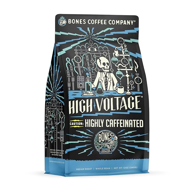 Bones Coffee Company High Voltage, Highly Caffeinated Unflavored Coffee, Medium Roast Low Acid Arabica Beans Compatible with Auto drip and French Press Coffee Maker, 12 Oz Whole Bean