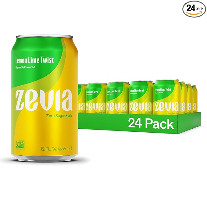 Zevia Zero Sugar Soda, Lemon Lime Twist, 12 oz Cans (24-Pack) – Naturally Sweetened, Non-GMO Project Verified, Gluten-Free, Vegan