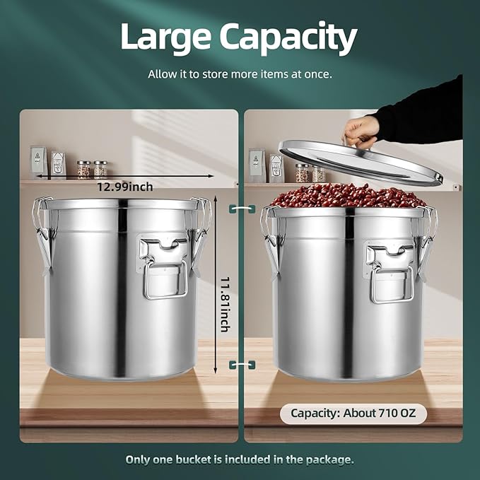 710 OZ Stainless Steel Canister Rice Cereal Grain Storage Containers with Lid Airtight Coffee Bean Storage Milk Flour Sugar Food Storage for Home Bar Restaurant (21L/710 OZ)
