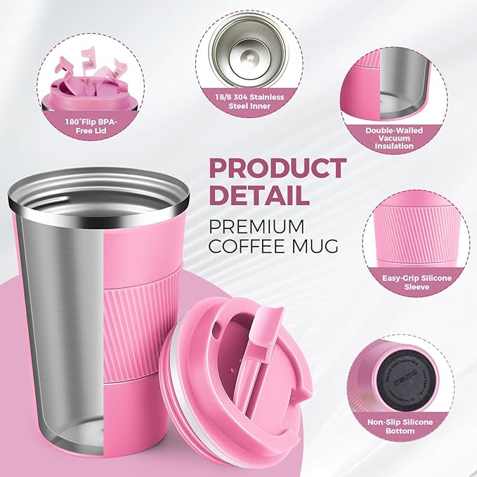 Volhoply 13 oz Stainless Steel Insulated Travel Coffee Mug with Fip Lid Bulk 8 Pack,Reusable Double Wall Vacuum Metal Coffee Cup,Portable Leak Proof Thermal Tumbler for Hot & Cold Drinks(Pink,8)