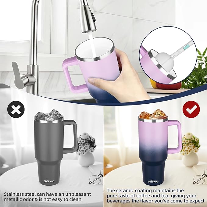 40 oz Insulated Coffee Mug with Ceramic Coating, Stainless Steel Travel Mug Tumbler with Handle Lid and Straw, Double Wall Leak-Proof Coffee Travel Mug Keeps Drink Hot and Cold (Purple Navy)