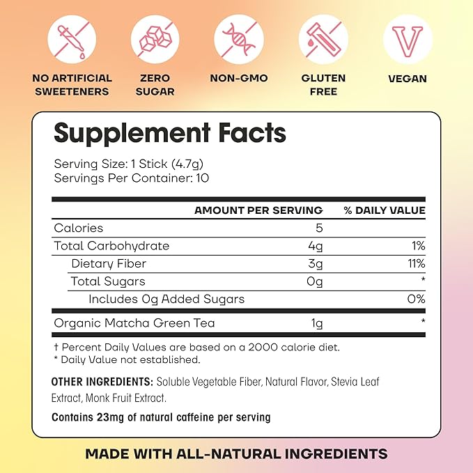 Fit & Lean Matcha Amore Iced Tea, Organic Ceremonial Grade Matcha Green Tea, Prebiotic Fiber, L-Theanine, Naturally Sweetened, NON-GMO, Zero Sugar, Raspberry Iced Tea, 10 Stick Packs