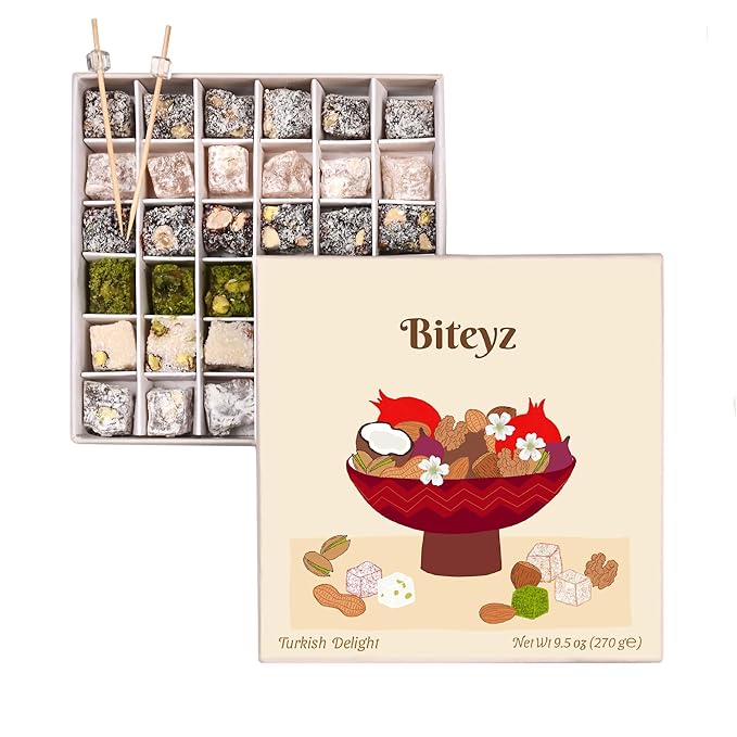 Biteyz Nutty Turkish Delight, Vegan Candy Gift Box - Assorted Gourmet Treats with Pistachios, Walnuts, Hazelnuts, Almonds, Peanuts, and Coconut, 36 Pieces of Luxury Handmade Snacks