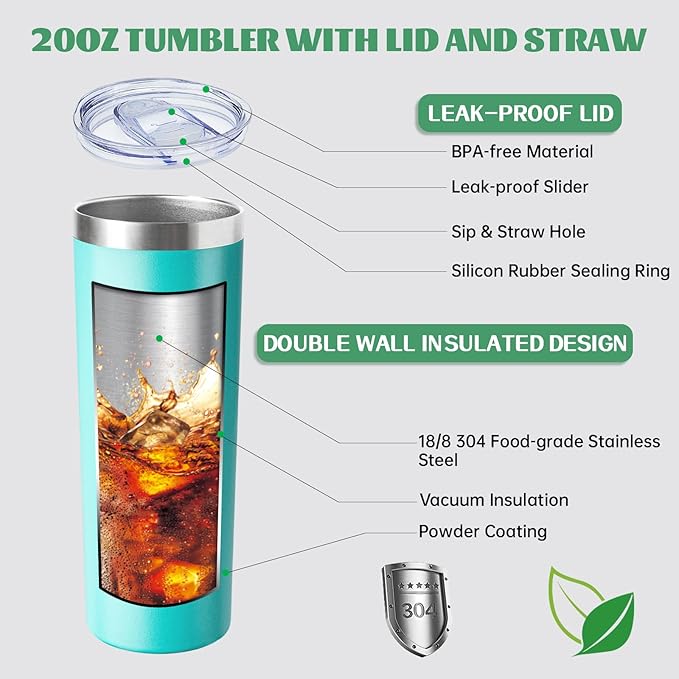 20 oz Skinny Tumbler with Lid and Straw,Stainless Steel Vacuum Insulated Tumbler Cup Double Wall Leak-proof Coffee Mug,Travel Thermal Water Tumbler for Home,Office,Outdoor(Teal,4)