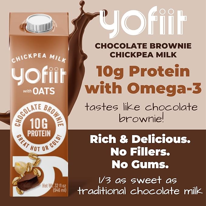 Yofiit Chocolate Brownie Non Dairy Milk - Delicious Vegan Chocolate Milk - 10g Protein & Less Sugar, Shelf Stable Milk with Oats, Pea Protein & Flax - Omega-3, High Protein Drinks (6 Pack)