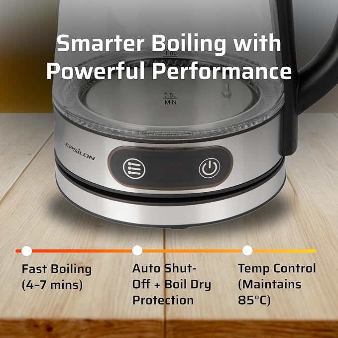 Epsilon 1.8L Glass Electric Kettle – Hot Water Tea Kettle with Borosilicate Glass & Stainless Steel, Auto Shut-Off, Fast Boil 1500W Electric Teapot, BPA-Free, Cool Touch Base