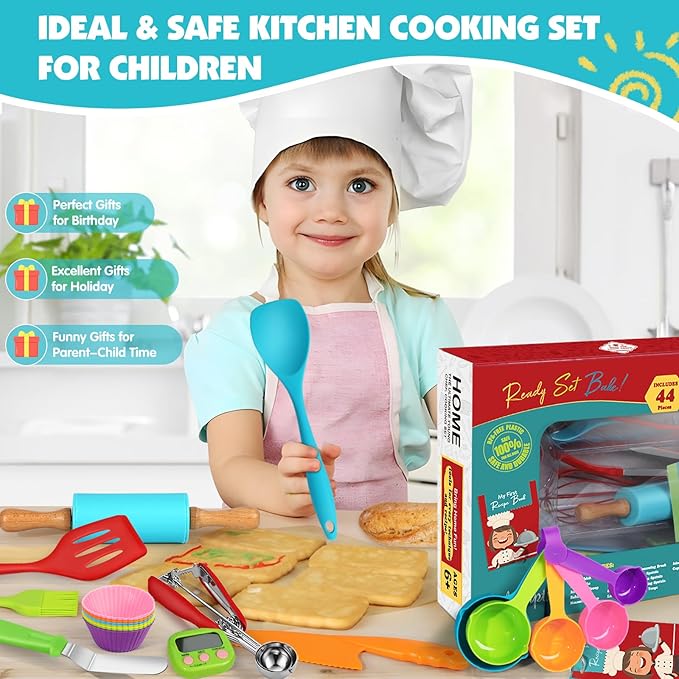 44Pcs Kids Cooking & Baking Set for Real Cooking, Kids Safe Knife & Cooking Tools Utensils with Cookbooks, Toddler Safe Montessori Kitchen Tools Birthday for Girls Boys Ages 6+