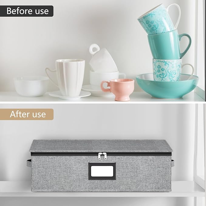 homyfort Coffee Mug Storage Box with Dividers, Durable China Storage Containers for Coffee Mugs, Tea Cups Storage Organizer with Lid, Handles, Label Window, Holds 24 Mugs, Hard Shell and Stackable