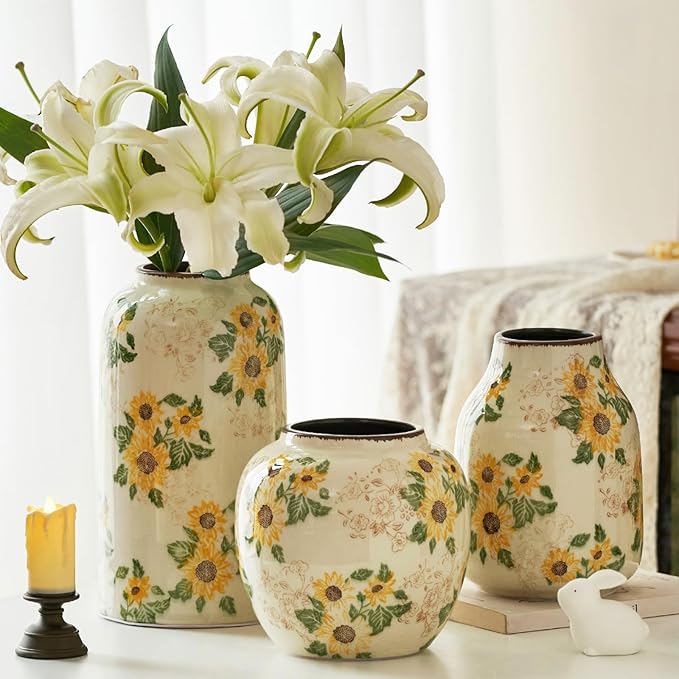 Round Pastoral Ceramic Vase, 6.3 Inch Chinoiserie Sunflower Yellow Floral Vases, Retro Ice Cracked Rustic Antique Flower Vases for Rustic Living Room Home Decor (Large Round)