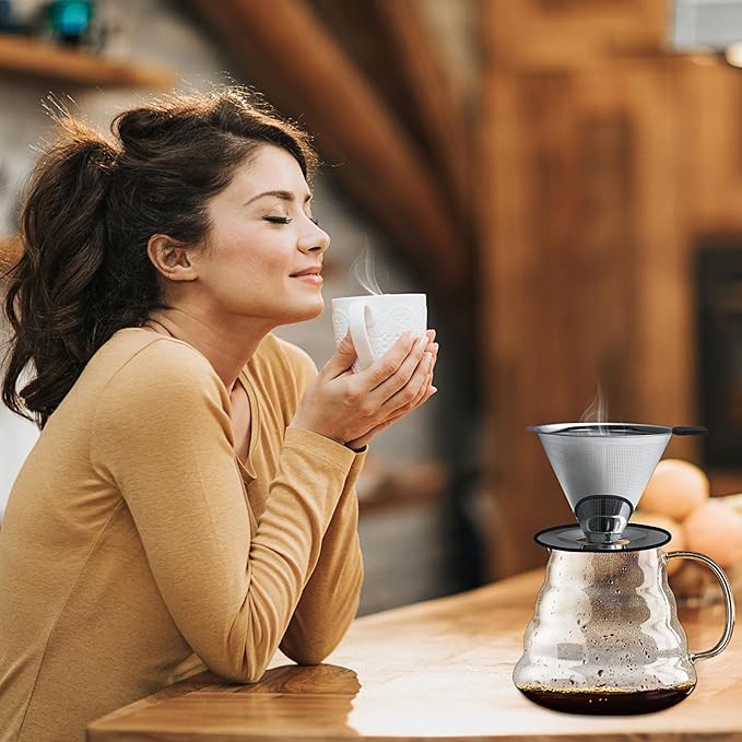 Pour Over Coffee Dripper-Stainless Steel Coffee Filter,Reusable Drip Cone Coffee Filter Portable Pour for 1-4 Cup (With Silicone Ring, S)