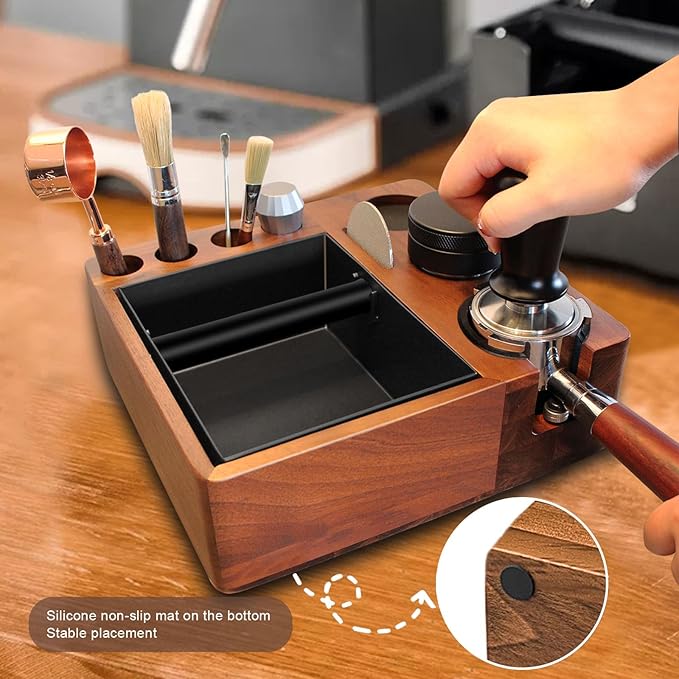 Espresso tamping station knock box,tamper station,Espresso station fit for storage 51-58mm tamper,distributor,portafilter,puck screen accessories,9 in 1 espresso knock box and tamper station