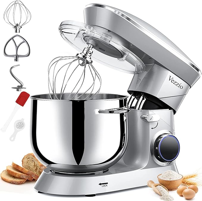 9.5 Qt Stand Mixer, 10-Speed Tilt-Head Food Mixer, Vezzio 660W Kitchen Electric Mixer with Stainless Steel Bowl, Dishwasher-Safe Attachments for Most Home Cooks(Silver)