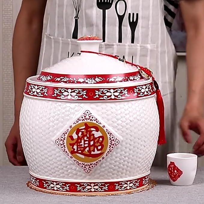 Traditional Chinese Style Large-Capacity Rice Pot, Ceramic Rice Bucket With Tassel Design, Airtight Storage Container For Rice, Grain, Snacks, Dry Foods