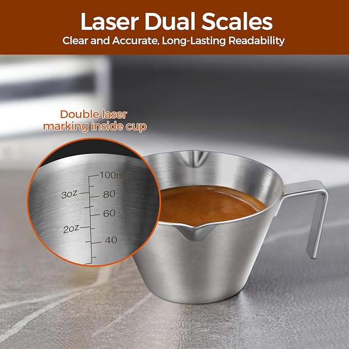 2 Pcs Espresso Cups with Handle, Stainless Steel Espresso Accessories, Double Spout Metal Measuring Cup with Dual Scale, Espresso Shot Cup with V-Shaped Mouth, 3.4OZ/100ML(White)