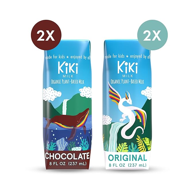 Kiki Milk Plant Based Milk - The Starter Kit - 2x Chocolate Milk 8oz & 2x Organic Original Kiki Milk 8oz - Calcium & Magnesium Source - Gluten, Gum, GMO, Dairy, Soy & Glyphosate Free - Shelf Stable
