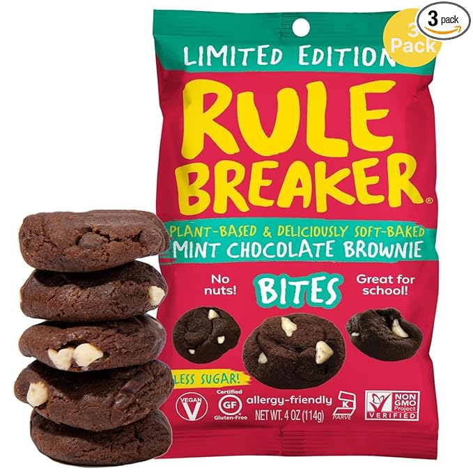 Rule Breaker Vegan & Gluten-Free Cookies | Mint Chocolate Brownie Bites |Plant-Based, Dairy, Nut, Soy, Allergen Free, Kosher | Soft-Baked School Snacks for Kids and Adults (Pack of 3)