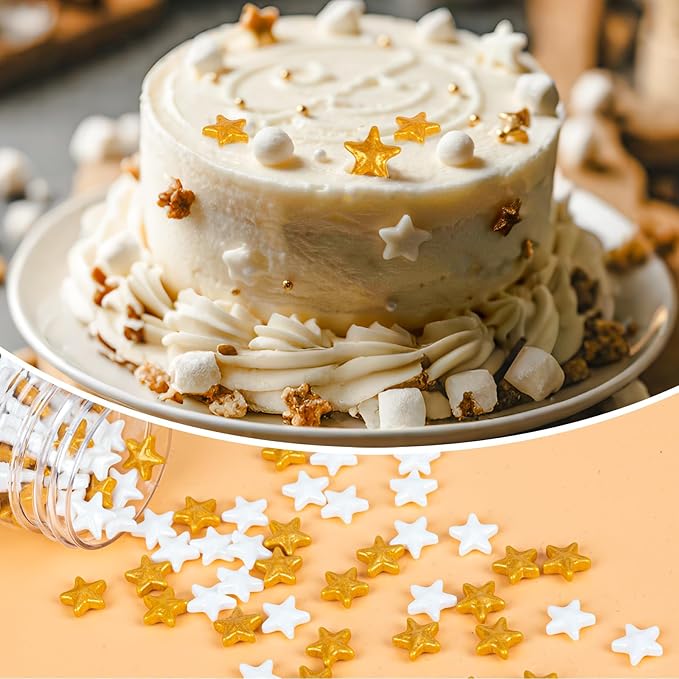 Twisweet Edible Star Sprinkles, Gold and White Stars for Cake Decorating, Golden Sugar Sprinkles for Baking, Mix Gold Candy Star, Cake Topper Ice Cream Cupcake Cookie Toppings Dessert Decorations, Christmas Wedding Birthday Party Festival Supplies (130...