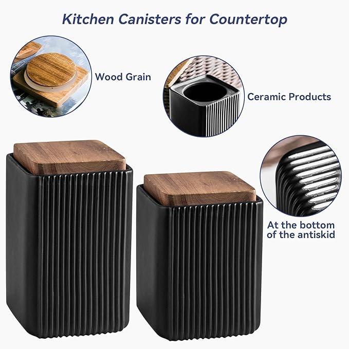 Ceramic Storage Jars Modern Elegant Polished Airtight Gorgeous Storage Canisters with Wooden Lid Small Food Stroage Jar for Kitchen Spice Tea Vanilla Sugar Coffee Beans (Black,Small size,13cm*10cm)