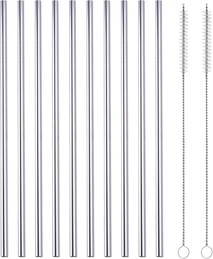 10 Pcs Stainless Steel Straws, Reusable Drinking Straws, Straight Metal Straw Sets with 2 Pcs Cleaning Brushes (10.5 Inch, Silver)
