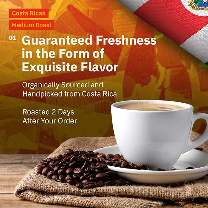Costa Rican Whole Bean Coffee Medium Roast - 12 oz, Single Origin Arabica SpecialtyCoffee Beans, Fair Trade, Non-GMO