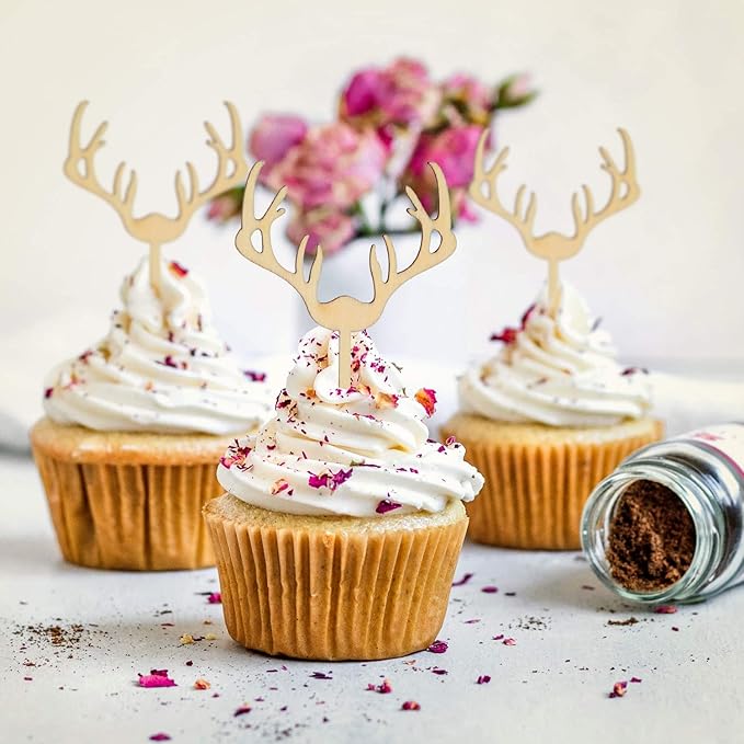 Deer Cupcake Toppers Wooden Baby Shower Woodland Antler Cake Picks Party Decorations Wedding Hunting Boho Rustic Country Birthday Party Supplies Set of 24