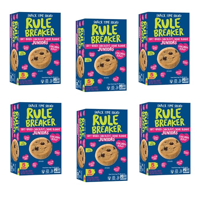 Rule Breaker Vegan & Gluten Free Cookies | Chocolate Chip Junior | Gluten-Free, Nut-Free, Top 11 Allergen-Free, Plant-Based | 6 5-count Boxes of Individually Wrapped (Pack of 6)