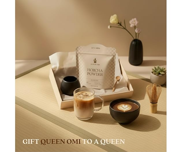 Queen Omi Organic Hojicha Powder | 100% Organic Japanese Roasted Green Tea Powder—Matcha & Coffee Alternative | Low Caffeine, Antioxidant-Rich, Smooth, Toasty, Nutty Flavor | 80g