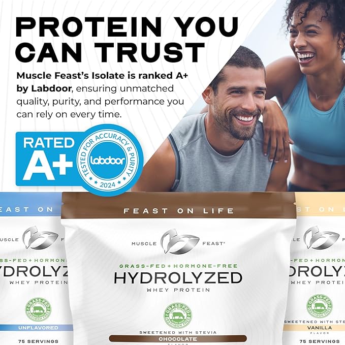 Muscle Feast Hydrolyzed Whey Protein Powder, Grass Fed and All Natural Hormone-Free, Hydro Whey Powder for Men and Women, Gluten Free, Non-GMO, Delicious Hydrolyzed Protein Powder, Unflavored, 2lb