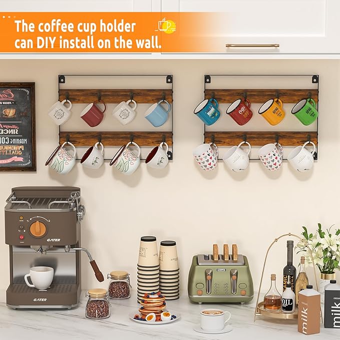Mug Racks for Wall, Coffee Mug Holder Wall Mount Up to Hold 24 Mugs, Coffee Mug Rack Wall Mounted（3Pack） for Kitchen, Home, Coffee Bar, Rustic Wood and Iron