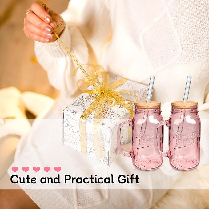 ANOITON Tumbler with Handle and Straw, 24 oz Pink Mason Jars with Handles Drinking Glasses Pink Glassware Colored Glass Cups with Lids and Straws Gifts for Women Birthday Gifts for Women