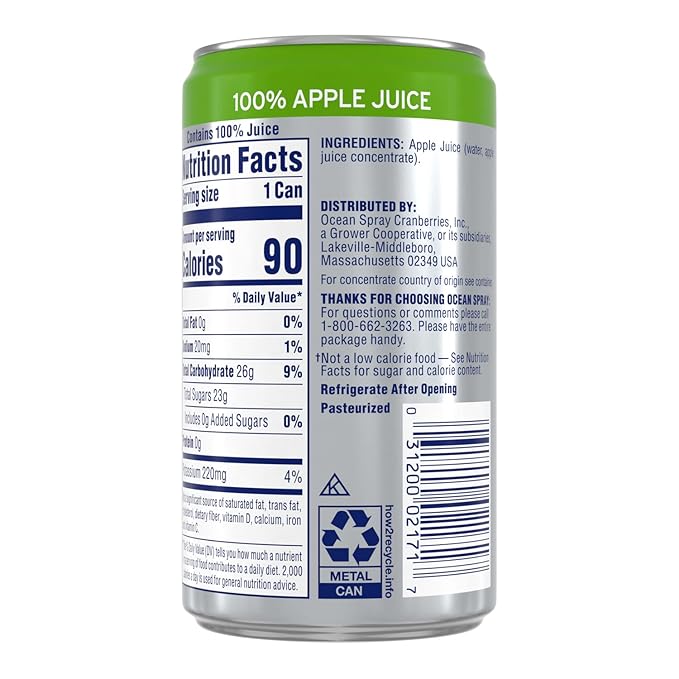 Ocean Spray 100% Apple Juice, 7.2 oz Cans (Pack of 24)