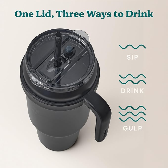 REDUCE 50 oz Stainless Steel Tumbler with Handle - Dual-Wall Vacuum Insulated Travel Mug, Sweat-Proof Lid & Reusable Straw - Keeps Drinks Cold for 24 Hrs, Fits Cupholders, Dishwasher Safe - Black