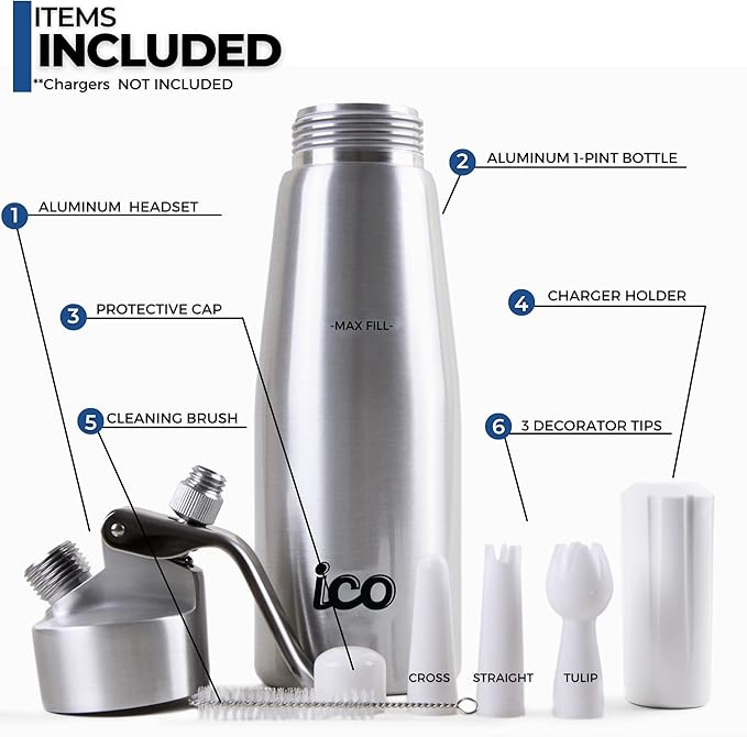 ICO Professional Aluminum Whipped Cream Dispenser for Homemade Whipping Cream, Desserts, Dips, Sauces, and Infused Liquors, Whipped Cream Maker for use with Whip Cream Charger, Silver, 1-Pint