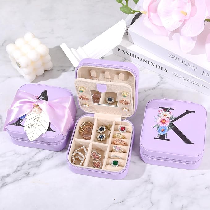 AYGXU Drinking glass with Bamboo Lids and Straw,Small Travel Jewelry Case, Organizer Storage Holder Boxes,iced coffee cups,Cute Tumbler Cup,teacher gifts for women,Initial I purple