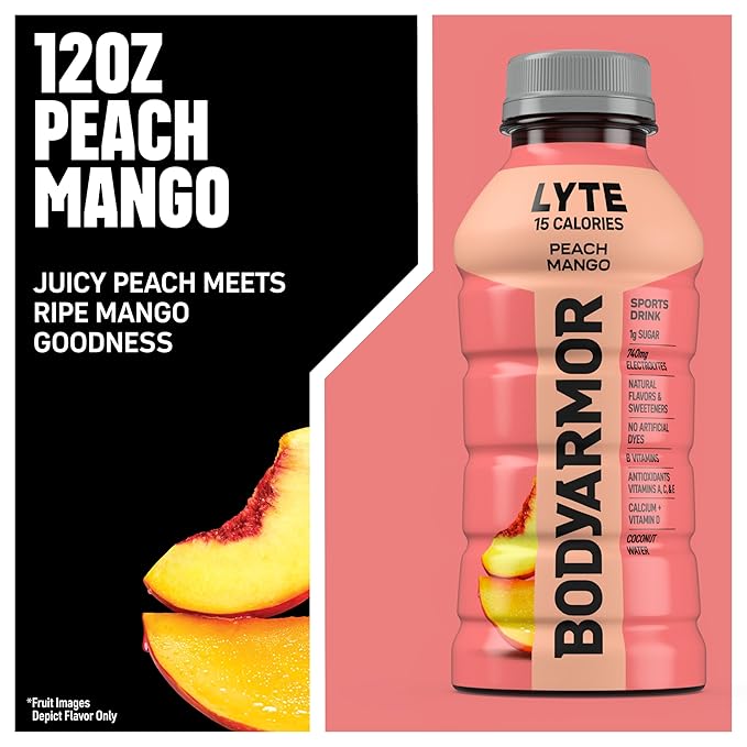 BODYARMOR LYTE Sports Drink Low-Calorie Sports Beverage, Peach Mango, Coconut Water Hydration, Natural Flavors With Vitamins, Potassium-Packed Electrolytes, Perfect For Athletes, 12 Fl Oz (Pack of 8)