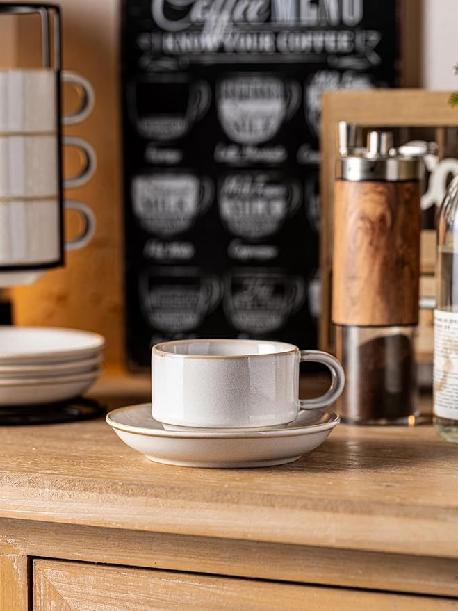 Gomakren 6 Ounce Cappuccino Cups with Saucers and Metal Stand, Stackable Coffee Cup Set of 4, Porcelain Espresso Cups for Coffee Drinks, Cappuccino, Latte, Americano, Tea, White