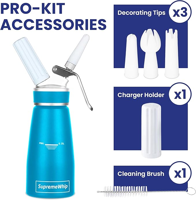 Pro Cream Dispenser, Durable High-Grip, Metal Lid with Rubber, 3 Nozzles, for Hot/Cold Use, Cleaning Brush Included, Blue - 250ml /1 Pint