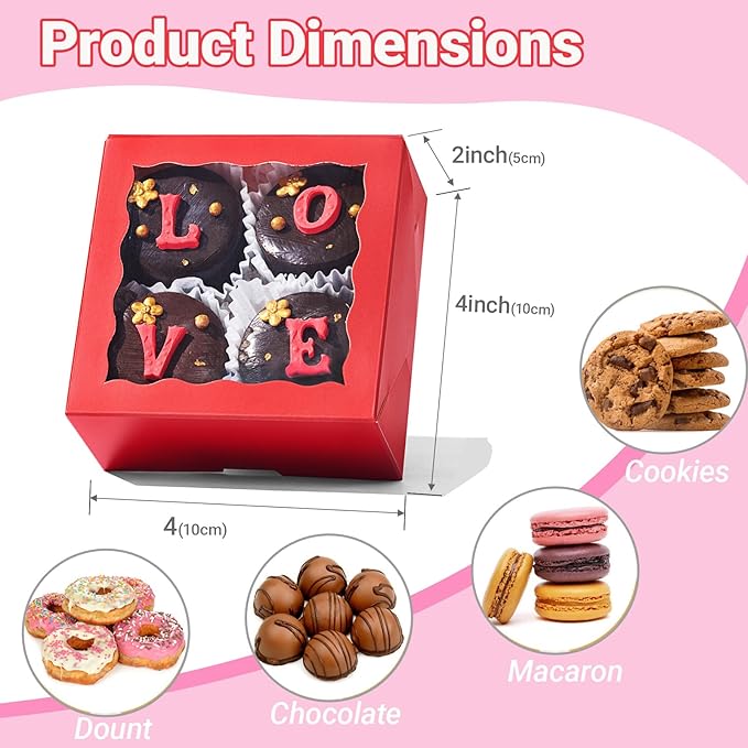40 Pack 4x4x2 inches Red Bakery Boxes with Window - Macaron, Cookie, Chocolate Truffle, Strawberry & Mini Cake Gift Boxes for Valentine's, Parties, Birthdays, Wedding, Christmas Favors