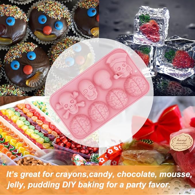 Halloween Chocolate Mold Silicone,2pcs Cavity Candy Gummy Mold with Skull and Brain for Baking Chocolate Jelly Gummy Desser