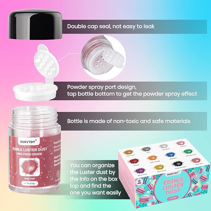 Edible Glitter for Cocktails and Cakes, 12 Colors x 5g Food Grade Shimmer Luster Dust Edible Set, Food Glitter for Drinks Cookies Chocolate