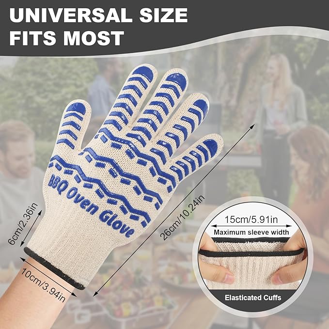 BBQ Gloves 932℉ Heat Resistant Oven Gloves, Cooking Gloves for BBQ, Grilling, Baking,Cutting, Smoker Fireplace-1 Pair(Blue)