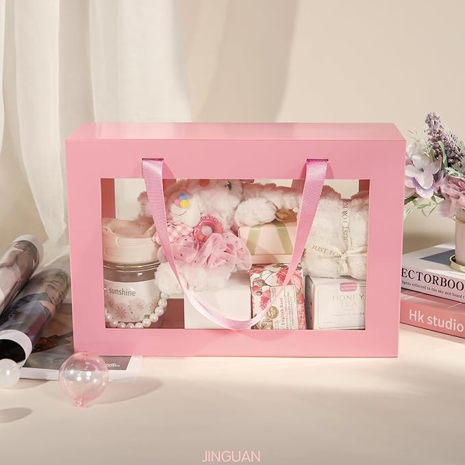 Large Pink Clear Gift Box, 13.5x9x4.1 Inches Gift Box with Window by Handle, Bridesmaid Proposal Box, Collapsible Gift Box with Magnetic Closure (Glossy Pink, 1 Pack)