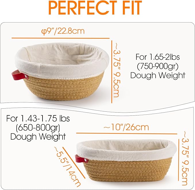 Cotton Rope Banneton Bread Proofing Basket Set - Includes handmade oval and round bread baskets with liners and covers. Ideal for sourdough bread baking supplies and starters