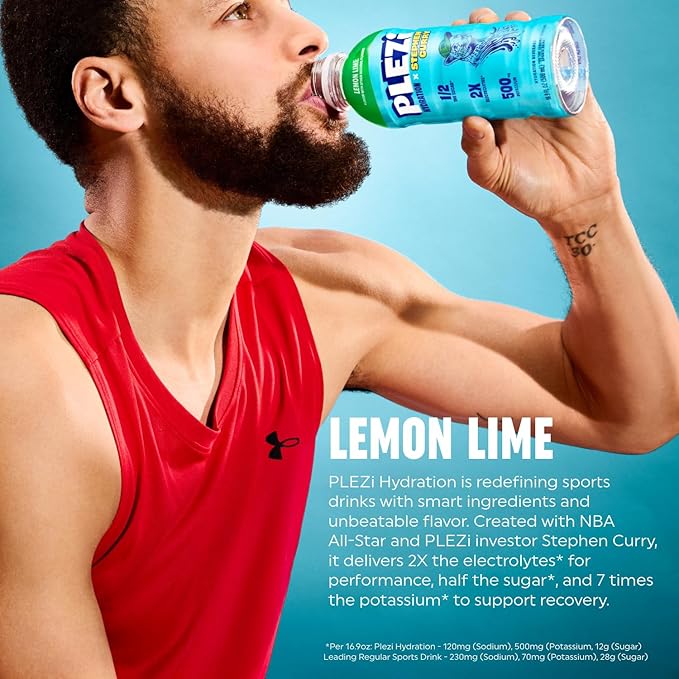 PLEZi Lemon Lime Hydration Drink x Stephen Curry - Sports Drinks with 2X Electrolytes - 500mg Potassium, Low Sugar, No Added Sugar - For Kids & Adults - 16.9 Fl Oz (12 Pack)