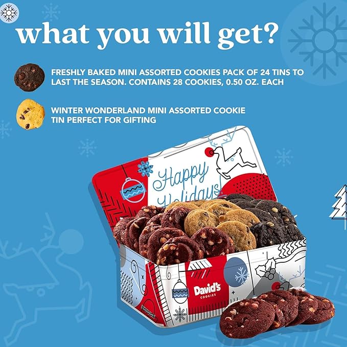David's Cookies Christmas Cookies Gift Box 24 Pack, Fresh Baked Assorted Mini Cookies in Winterwonderland Tin with Chocolate Chip, White Chocolate Chip & Red Velvet - Gourmet Holiday Food Gift Basket