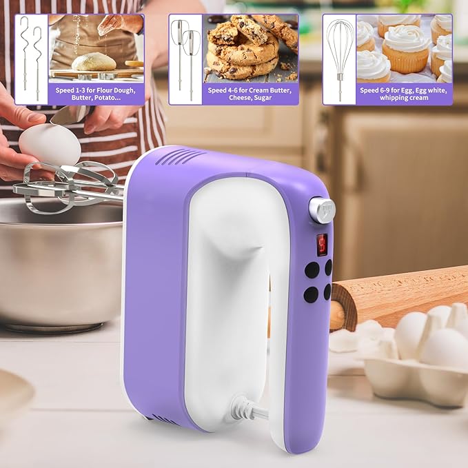 CBQ Hand Mixer Electric, 9 Speed 400W Handheld Mixer with Digital, Touch Button, Turbo, Storage Case, 5x Stainless Steel Accessories, Mixer Electric Handheld for Cake, Cookie, Egg (Lavender Purple)