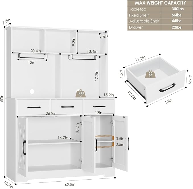 HOSTACK Buffet Cabinet with Hutch, Modern Farmhouse Kitchen Buffet Sideboard Storage with 3 Drawers, Barn Door Coffee Bar Station, Liquor Cabinet for Dining Room, Living Room, White